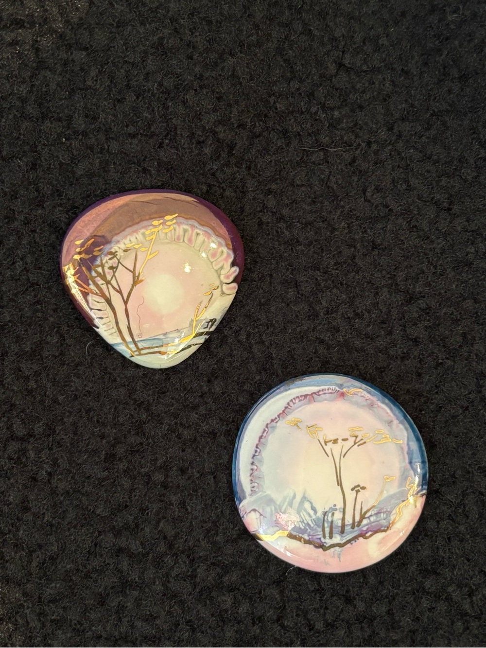 Vintage Hand Painted Iridescent Enamel Scenic Brooch Set of 2
